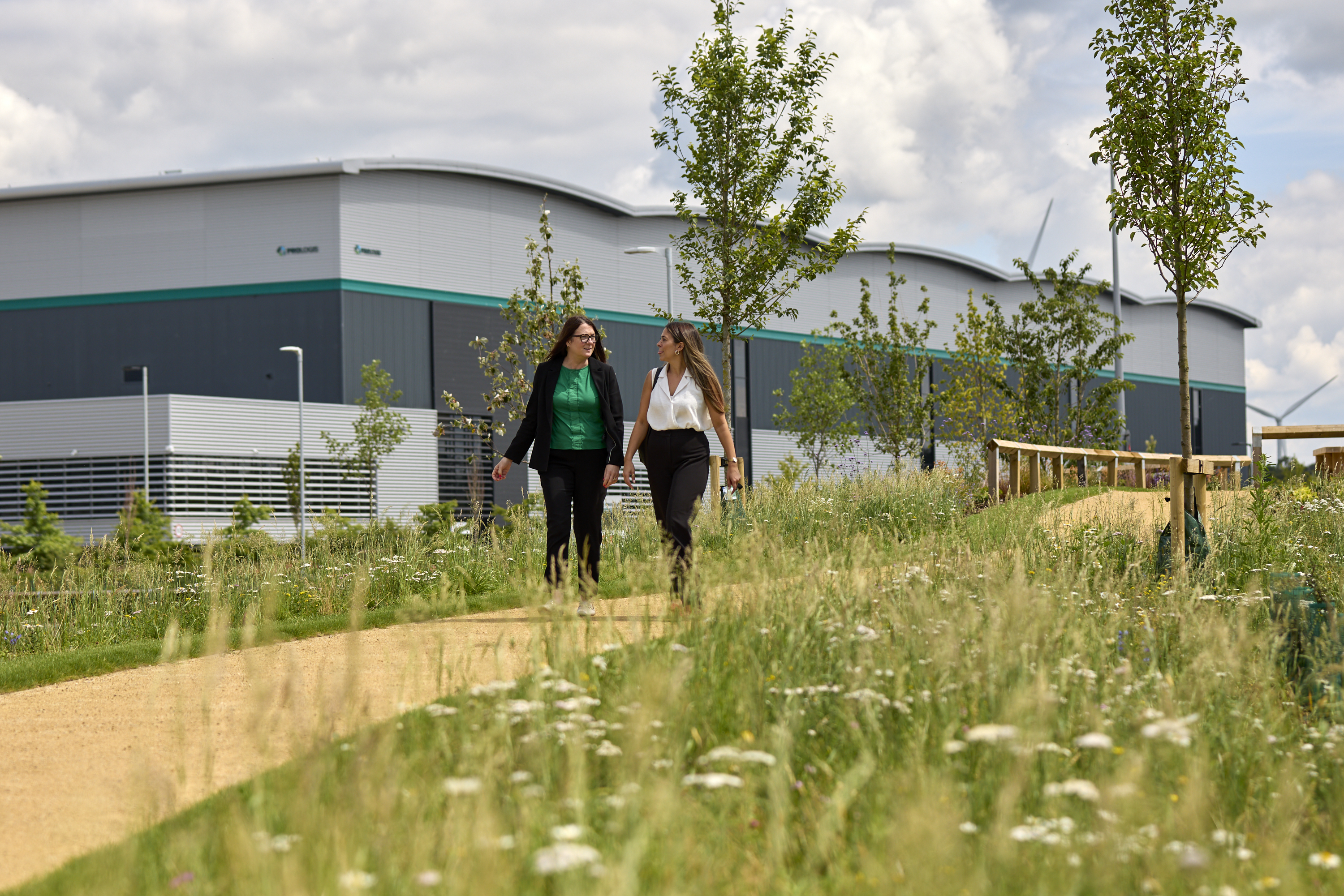 Two ladies walking in Shenley Gardens at Prologis RFI DIRFT