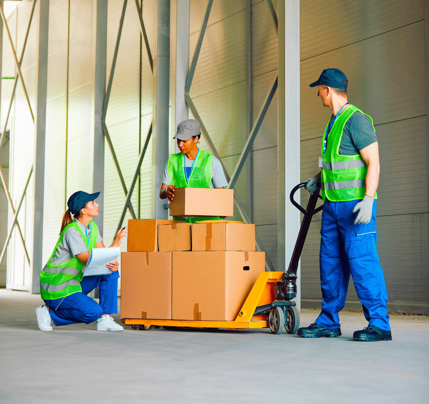 Three people in safety vests in a warehouse, looking a pallet jack with boxes